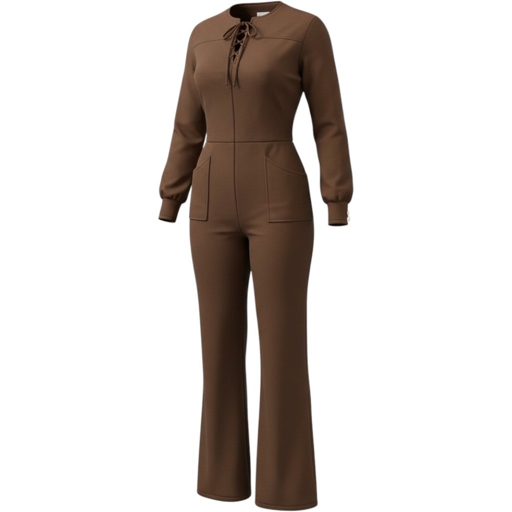 Vintage 70s Brown Polyester Zip Front Wide Leg Jumpsuit Tie Neck kitschy Size 10